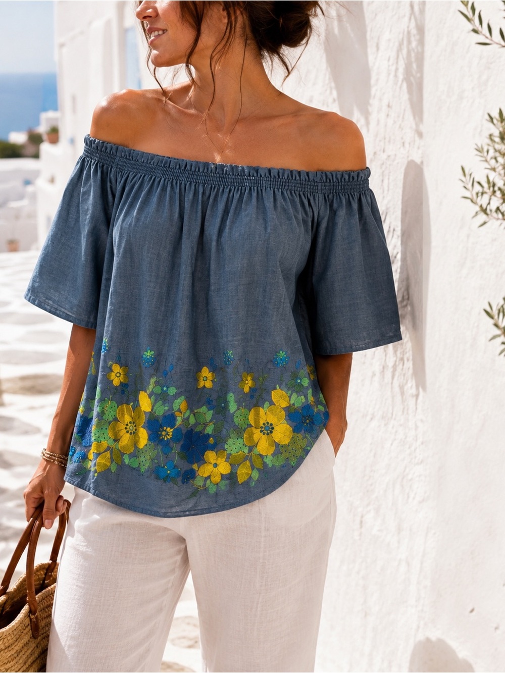 NWT Elmas Phil Floral Embroidered Chambray Top Off The Shoulder Cottagecore S